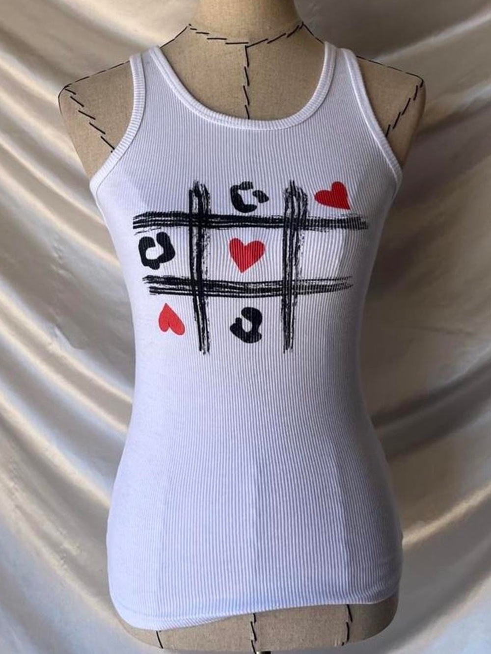 White Ribbed Tank Top with Tic-Tac-Toe Heart Graphic